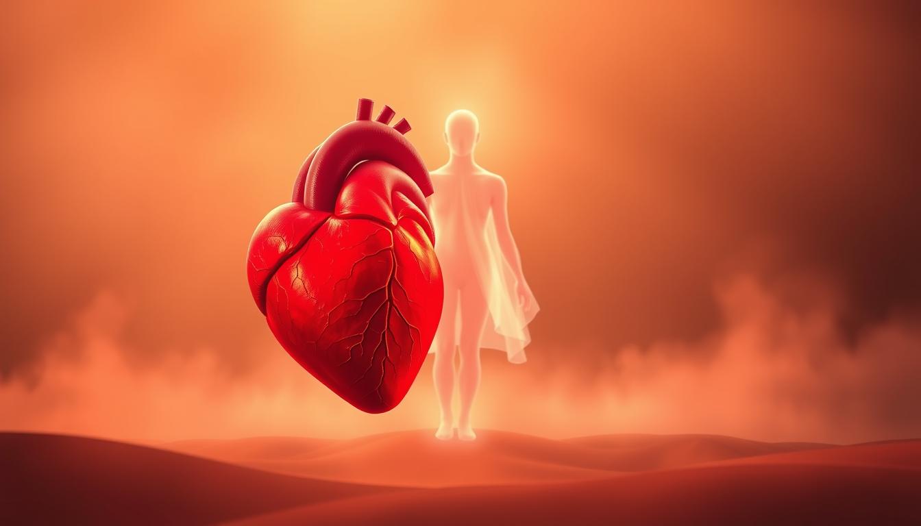 A pulsating red heart entwined with a serene, ethereal figure, representing the profound connection between mental well-being and cardiovascular health. In the foreground, the heart beats with vivid crimson hues, its rhythmic vibrations echoed by a ghostly figure emerging from a soft, shimmering mist. The middle ground features a tranquil, meditative landscape, where the two elements converge, their interplay suggesting the intricate harmony between the mind and the body. Soft, warm lighting bathes the scene, creating a sense of balance and wholeness. The overall atmosphere is one of contemplation and the realization that true cardiac wellness is inextricably linked to the state of our mental and emotional capacities.