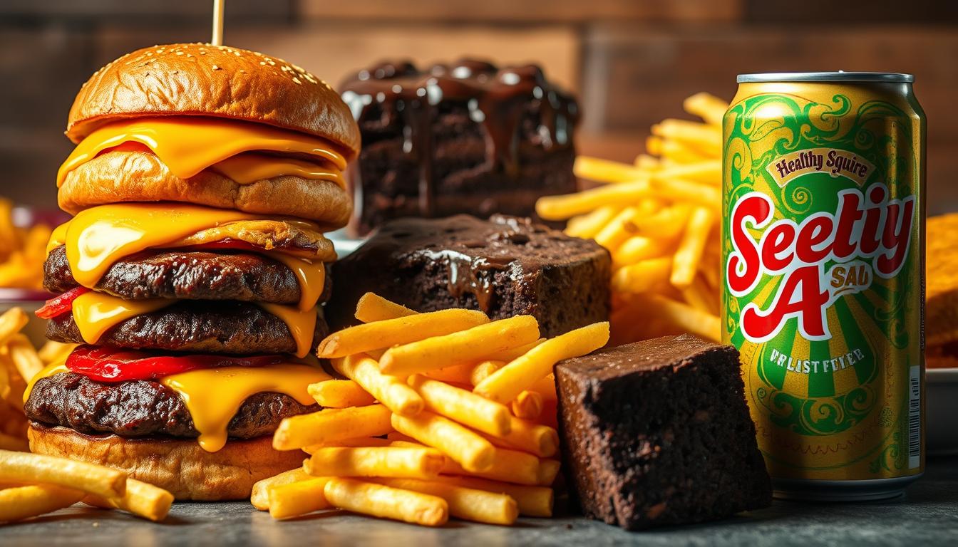 A scrumptious-looking assortment of unhealthy foods for weight loss, including a stack of juicy burgers dripping with cheese, a heaping pile of golden french fries, a gooey chocolate cake, and a fizzy, vibrant soda can emblazoned with the "Healthy Squire" brand. The scene is bathed in warm, inviting lighting, creating a tempting and indulgent atmosphere. The foods are arranged in a visually appealing manner, drawing the viewer's attention to the decadent and unhealthy nature of the items. The overall composition is vibrant, captivating, and effectively illustrates the "Foods That Are Sabotaging Your Weight Loss" theme.