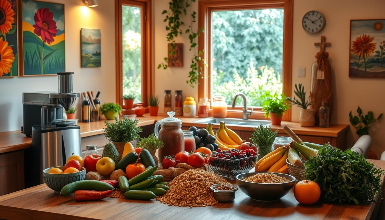 A serene and inviting kitchen scene, bathed in warm, natural light. In the center, a wooden table laden with an array of nutrient-dense foods - fresh fruits, crisp vegetables, and hearty whole grains. Nearby, a sleek stainless steel appliance, perhaps a juicer or blender, suggests the preparation of nourishing beverages. The walls are adorned with vibrant, nature-inspired artwork, creating a calming and rejuvenating atmosphere. Through the window, a lush, verdant garden beckons, hinting at the abundance of fresh, wholesome ingredients readily available. This harmonious tableau conveys the long-term sustainability of a fasting lifestyle, where balance, mindfulness, and self-care are seamlessly woven into the everyday.