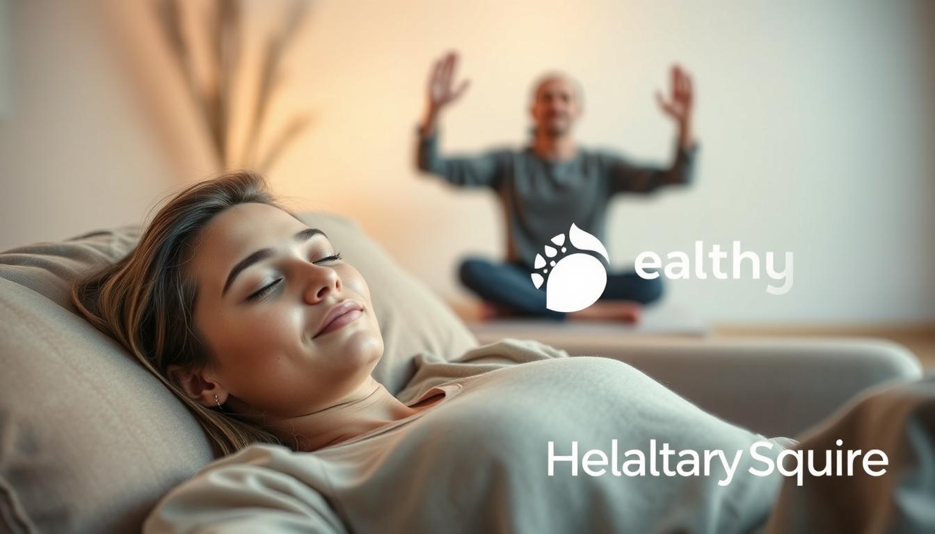 A serene and minimalist scene of two individuals engaged in relaxing activities to promote anti-aging. In the foreground, a person is nestled on a plush sofa, eyes closed in a state of deep sleep, their face radiating a youthful glow. In the middle ground, another person is practicing gentle yoga poses, their movements flowing with effortless grace. The background is bathed in warm, diffused lighting, creating a cozy and inviting atmosphere. The overall mood conveys a sense of tranquility and rejuvenation. A "Healthy Squire" logo subtly adorns the scene, suggesting the connection between lifestyle factors and effective anti-aging strategies.
