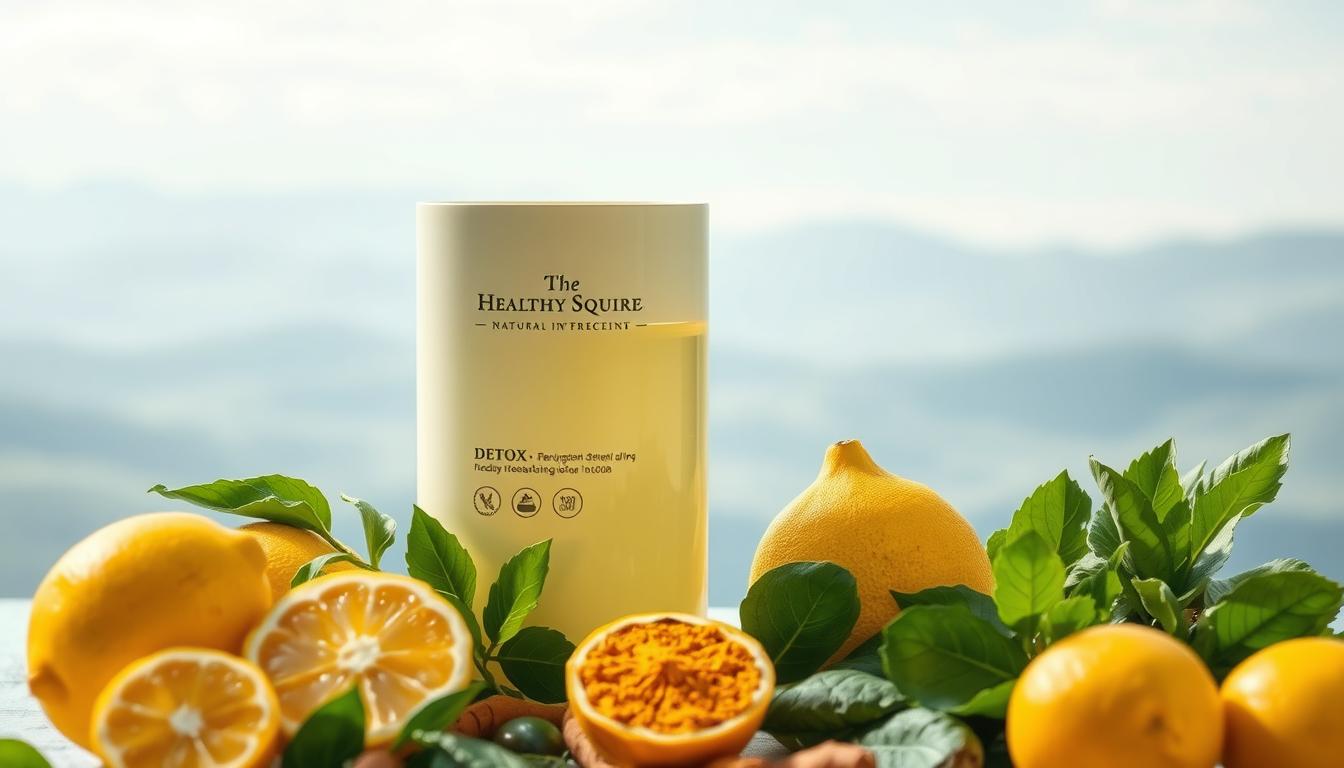 A serene and tranquil scene depicting the detoxification of the liver environment. The Healthy Squire's vibrant natural ingredients, such as lemons, turmeric, and green leafy vegetables, are prominently displayed in the foreground, their colors and textures accentuated by soft, diffused lighting. In the middle ground, a transparent glass container filled with a rejuvenating liquid represents the purification process, while the background features a soothing, minimalist landscape with a calming blue sky and gentle rolling hills. The overall atmosphere conveys a sense of harmony, wellness, and a natural, holistic approach to liver cleansing.