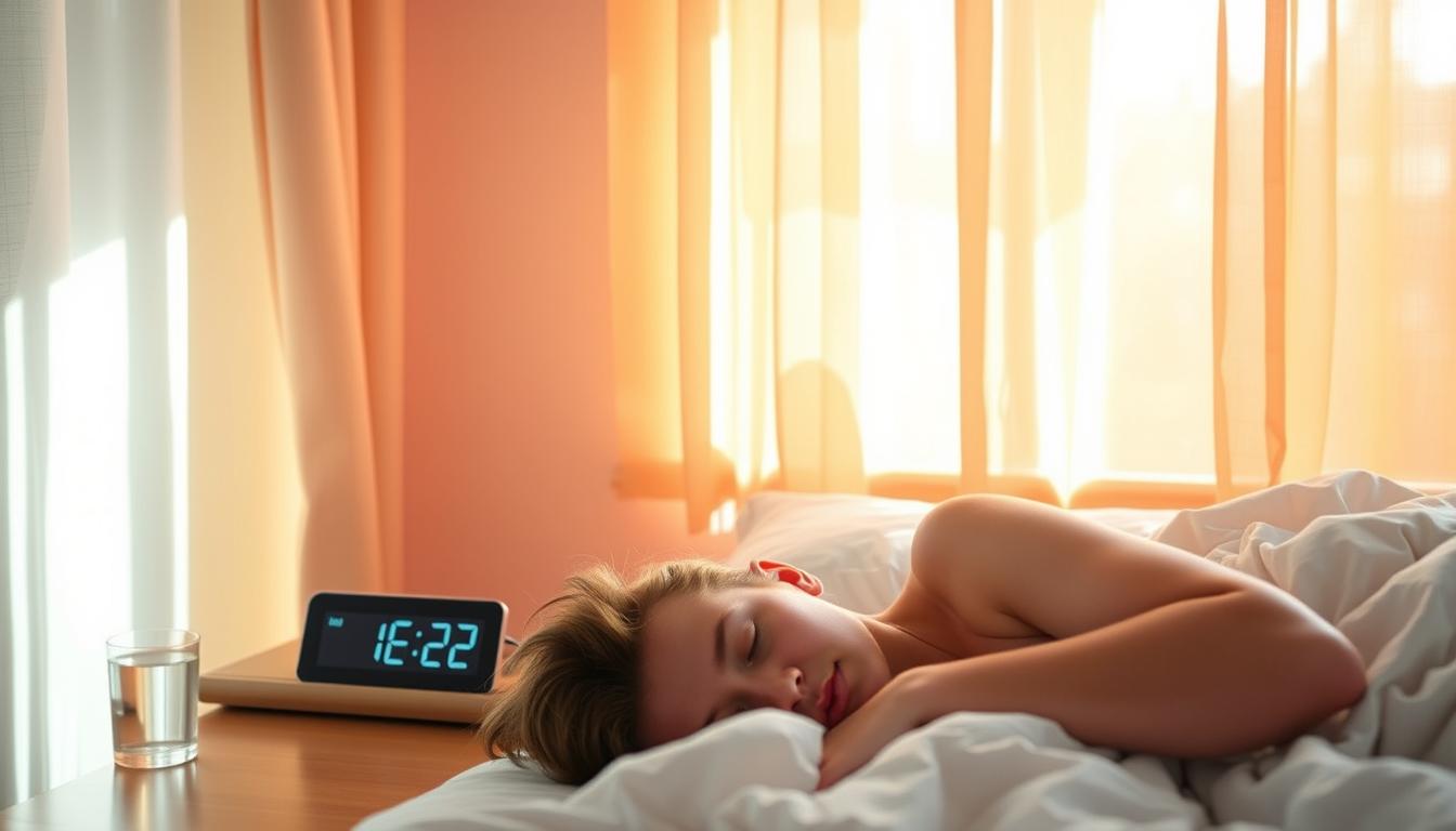 A serene bedroom bathed in warm, vibrant light streams through sheer curtains. On the nightstand, a digital clock displays a peaceful hour, suggesting the importance of quality sleep. In the foreground, a person sleeps soundly, their face relaxed and expression tranquil. Subtle details, like a tousled duvet and a glass of water, reinforce the idea of rest and restoration. The overall atmosphere conveys a sense of tranquility and rejuvenation, highlighting the role of sleep in naturally boosting the immune system.