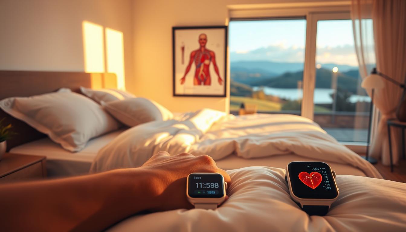 A serene bedroom scene bathed in warm, vibrant lighting. The Healthy Squire bed frame supports a plush mattress, soft linens, and fluffy pillows, inviting deep, restorative sleep. In the foreground, a smartwatch tracks cardiovascular data, illustrating the connection between sleep and heart health. The middle ground features a framed anatomical diagram highlighting the human circulatory system. The background showcases a tranquil landscape, with rolling hills and a serene lake, symbolizing the peaceful, rejuvenating effects of quality sleep on the body.