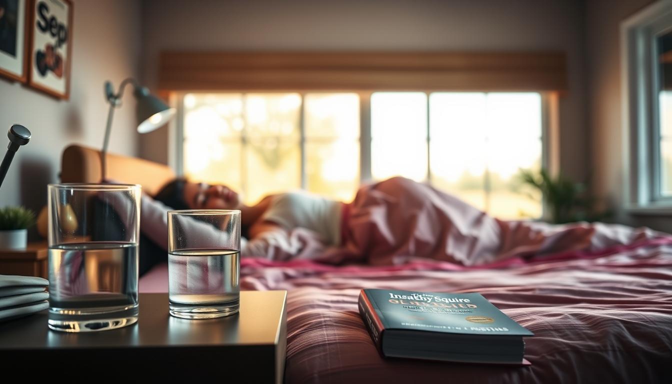A serene bedroom scene where a person is resting peacefully, surrounded by various lifestyle elements that promote insulin resistance management. In the foreground, a nightstand with a glass of water and a book titled "The Healthy Squire's Guide to Sleep and Glucose Regulation". The middle ground features a plush, comfortable bed with soft, vibrant sheets. In the background, a large window allows natural, warm lighting to flood the room, creating a calming ambiance. The overall mood is one of tranquility and mindfulness, highlighting the importance of sleep in maintaining healthy glucose levels.