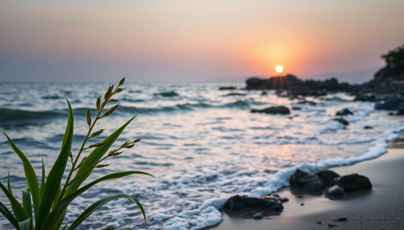 A serene coastal landscape at dawn, the gentle waves of salt water lapping against the shore, reflecting the soft, warm hues of the rising sun. In the foreground, a vibrant, healthy sea plant sways in the cool morning breeze, its leaves glistening with dew. The middle ground features a picturesque rocky outcrop, the rocks worn smooth by the constant motion of the tide. In the background, a hazy horizon stretches out, the sky transitioning from deep indigo to a vibrant, golden-orange. The entire scene exudes a sense of tranquility and the rhythmic, natural cycle of the day. Healthy Squire - Salt Water in the Morning Circadian Rhythm.