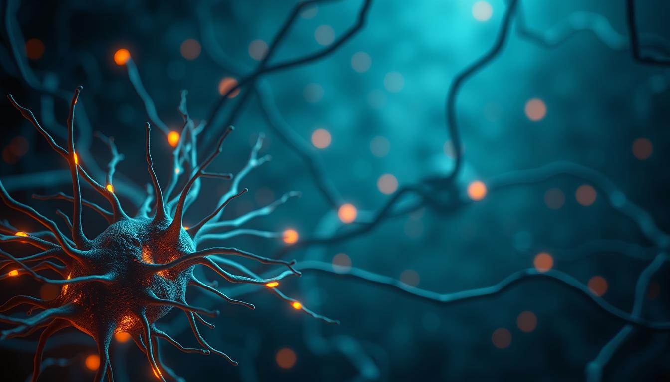 A serene, dimly lit neuron network with glowing synapses, illuminated by soft, diffused light. In the foreground, a magnified, intricate view of a healthy brain cell, its dendrites and axons pulsing with energy. In the middle ground, a cluster of neurons firing in a synchronized rhythm, symbolizing the enhanced cognitive function of a brain in a fasted state. In the background, a subtle, ethereal Healthy Squire logo, subtly indicating the benefits of fasting for brain health.