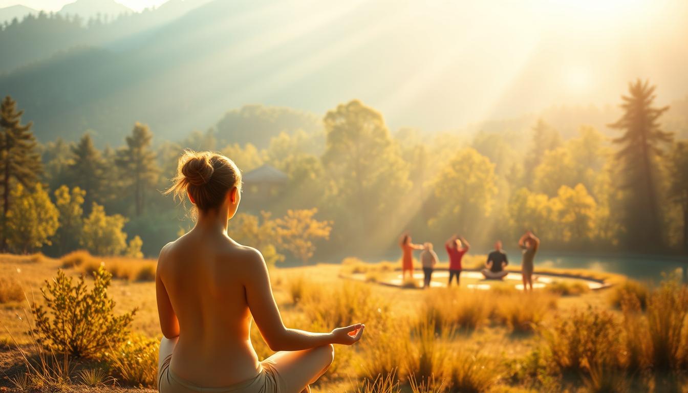 A serene, disconnected landscape, where unconventional healing modalities unfold. In the foreground, a person in a meditative pose, bathed in warm, golden light, exuding a sense of profound inner peace. In the middle ground, a group of individuals gathered around a tranquil pond, engaged in various mind-body practices like yoga, tai chi, or energy work. The background features a lush, vibrant forest, with sunbeams filtering through the canopy, creating a soothing, otherworldly atmosphere. The overall scene conveys a sense of harmony, balance, and the power of alternative approaches to wellness and healing.