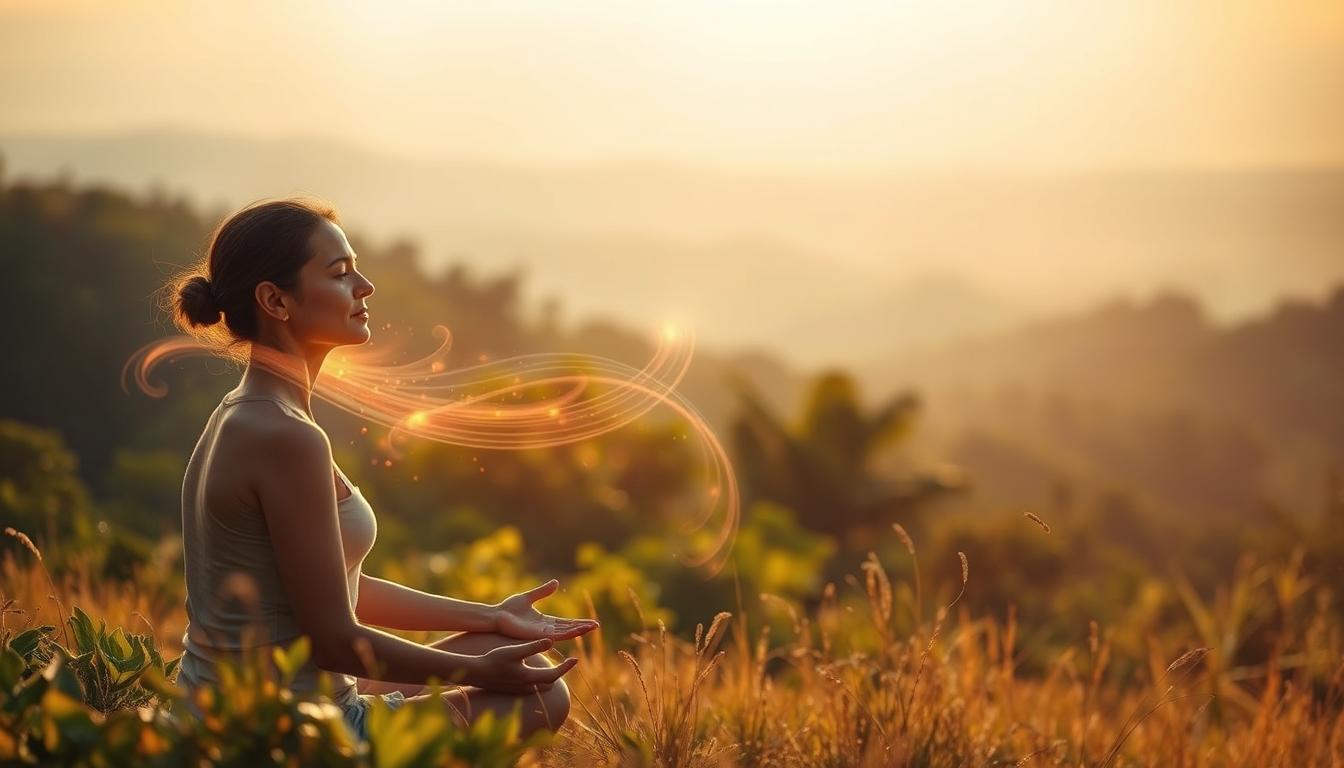 A serene, ethereal landscape bathed in warm, diffused light. In the foreground, a person sits in a meditative pose, their face radiating a sense of inner peace and contemplation. Surrounding them, wisps of energy and light swirl, creating a tangible feeling of spiritual connection. The middle ground features lush, verdant foliage, hinting at the natural world's vibrant, life-affirming qualities. In the distance, a horizon line blends seamlessly with the sky, suggesting a boundless realm of possibility. The overall atmosphere is one of tranquility, introspection, and the profound benefits of self-reflection found through the practice of fasting.