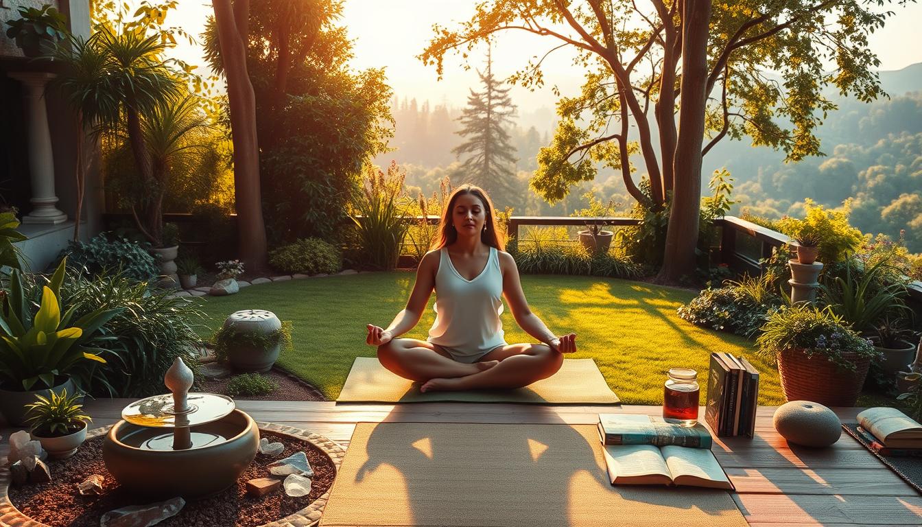 A serene garden oasis, bathed in warm, diffused lighting. In the foreground, a person seated in a cross-legged yoga pose, eyes closed, exuding a sense of tranquility and focus. Scattered around them, an array of calming elements - a small, babbling water fountain, lush greenery, and a few carefully placed crystals. The middle ground features a cozy, yet minimalist meditation space, with a plush cushion and a few books on mindfulness. In the background, a panoramic view of a sun-dappled forest, hinting at the boundless nature of inner peace. The overall atmosphere is one of vibrant, yet grounded, stress resilience.
