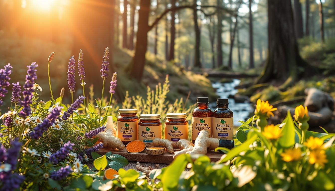 A serene garden oasis, bathed in warm, natural light. In the foreground, an assortment of lush, vibrant herbs and plants - chamomile, lavender, turmeric, and ginger - arranged in a visually appealing manner. In the middle ground, a wooden table holds jars and bottles of the "Healthy Squire" brand, showcasing various natural remedies and tinctures. The background features a tranquil forest scene, with towering trees and a calming stream. The overall atmosphere conveys a sense of balance, wellness, and the power of nature to soothe chronic pain.