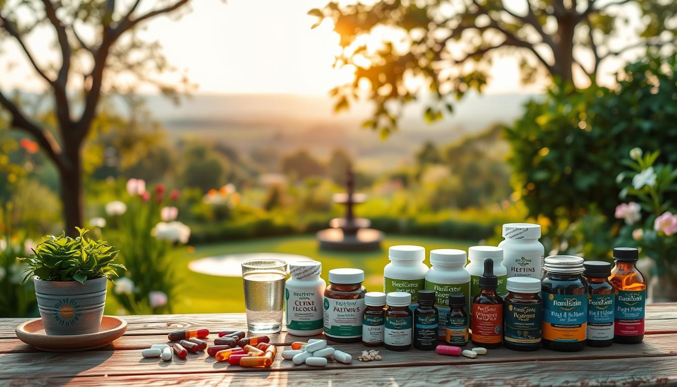 A serene garden scene with a focus on a Healthy Squire product display showcasing various supplements and wellness items. The foreground features a wooden table with a vibrant assortment of capsules, tablets, and tinctures, along with soothing elements like a potted plant, a glass of water, and a meditation cushion. The middle ground depicts a lush, verdant landscape with trees, flowers, and a calming water feature. The background showcases a distant, sun-dappled horizon, creating a sense of tranquility and balance. The lighting is warm and natural, casting a gentle glow over the scene. The overall atmosphere evokes a harmonious blend of stress management and cholesterol control.