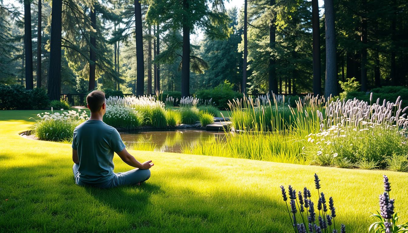 A serene garden scene with natural elements that can help lower blood sugar through stress reduction. In the foreground, a Healthy Squire practitioner sits cross-legged on a lush, vibrant lawn, deep in meditation. The middle ground features a tranquil pond surrounded by tall, swaying grasses and a variety of soothing herbs like chamomile and lavender. The background showcases a forest of tall, verdant trees with dappled sunlight filtering through the canopy, creating a warm, calming atmosphere. The lighting is soft and natural, enhancing the peaceful, restorative mood. The entire scene conveys a sense of relaxation and mindfulness, embodying the "Stress Reduction Tactics That Work Fast" concept.