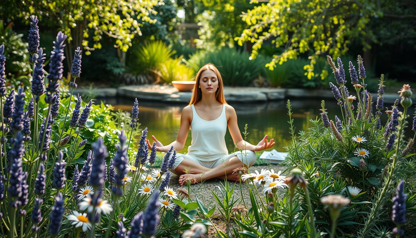 A serene garden setting with a person seated in a meditative pose, surrounded by calming natural elements. The foreground features a variety of soothing plants, flowers, and herbs known for their stress-relieving properties, such as lavender, chamomile, and rosemary. The middle ground depicts the person in a peaceful, contemplative state, their eyes closed and expression tranquil. The background showcases a tranquil pond or stream, with soft dappled lighting filtering through the lush foliage. The overall atmosphere is one of vibrant, restorative calm, conveying the power of nature-based intervention techniques for chronic stress management.