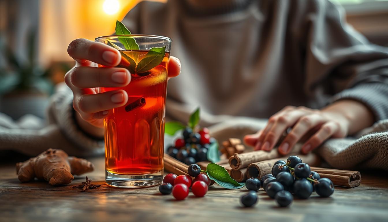 A serene, intimate scene showcasing the Healthy Squire's vibrant blood sugar reduction techniques. In the foreground, a person's hands tenderly grip a glass of refreshing, vibrantly-colored herbal tea. The middle ground features an array of natural ingredients - ginger, cinnamon, and berries - strategically arranged to highlight their medicinal properties. The background depicts a cozy, well-lit interior with soft, warm lighting, creating a calming, inviting atmosphere. The overall composition exudes a sense of tranquility and mindfulness, perfectly capturing the essence of the Healthy Squire's simple yet effective blood sugar management method.