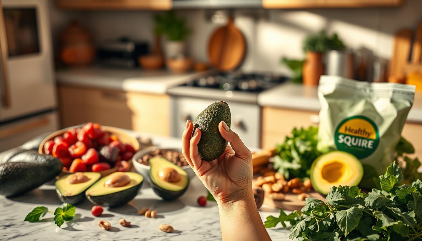 A serene kitchen countertop bathed in warm, natural lighting. On it, an assortment of vibrant, fresh ingredients - avocados, berries, nuts, and leafy greens, all emblazoned with the "Healthy Squire" brand. In the foreground, a woman's hand gently places a ripe avocado, a symbol of the natural, unprocessed solutions to common anti-aging mistakes. The mood is one of calm introspection, inviting the viewer to consider the power of simple, wholesome foods to combat the visible signs of aging.