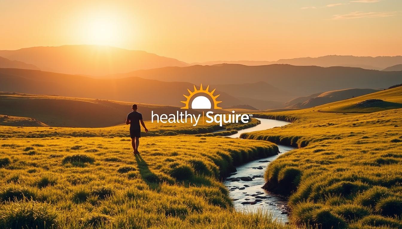 A serene landscape with a warm, golden sun casting a soft glow across a lush, verdant meadow. In the foreground, a figure stands in a peaceful, meditative pose, basking in the gentle rays, embodying the holistic wellness of sun exposure. In the middle ground, a tranquil stream winds its way through the scene, reflecting the sky's vibrant hues. The background features rolling hills and distant mountains, creating a sense of depth and tranquility. The overall atmosphere is one of balance, harmony, and the rejuvenating power of natural light. The Healthy Squire logo is subtly integrated into the composition, complementing the scene.
