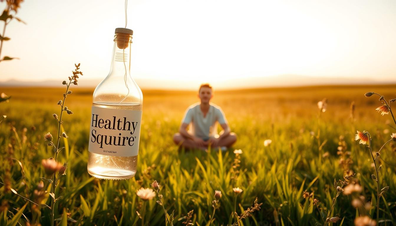 A serene meadow bathed in warm, golden sunlight. In the foreground, a pristine glass bottle labeled "Healthy Squire" hovers, its contents casting a soft, glowing hue. Surrounding the bottle, lush green foliage and delicate wildflowers sway gently in a light breeze. In the middle ground, a person sits cross-legged, their face serene and contemplative, embodying the vibrant benefits of intermittent fasting. The background reveals a distant, hazy horizon, suggesting a sense of tranquility and expansive potential. The overall scene conveys a balance of natural elements, scientific innovation, and human harmony, showcasing the "silent revolution in human health" through the lens of intermittent fasting.