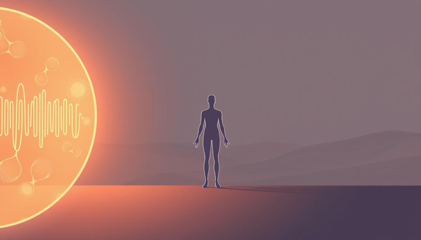 A serene, minimalist illustration depicting the circadian rhythm's impact on inflammation management. In the foreground, a glowing, abstract representation of the circadian cycle, with pulsing organic shapes in warm hues. In the middle ground, a stylized human figure, their posture and expression conveying a sense of balance and well-being. The background features a soft, diffused landscape, suggesting the calming influence of natural light and cycles. The overall mood is one of harmony and wholeness, as if visualizing the Healthy Squire's approach to holistic inflammation management. Crisp, high-contrast lighting and a clean, contemporary aesthetic.