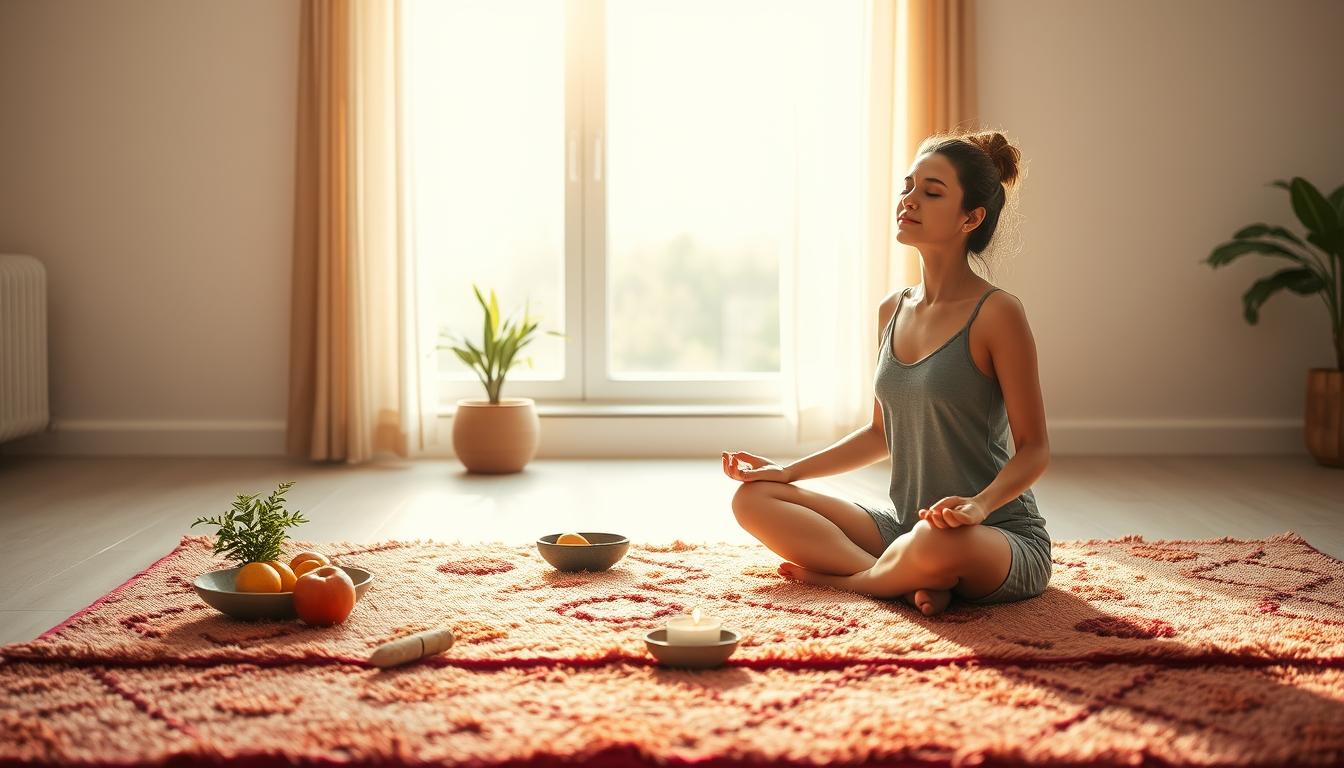 A serene, minimalist scene depicting the secrets to safe detoxification stress management. In the foreground, a person sits cross-legged on a plush, vibrant rug, their eyes closed in deep meditation. Surrounding them, an array of natural elements - a small potted plant, a bowl of fresh fruit, and a tealight candle - create a calming, restorative ambiance. The middle ground showcases a tranquil, sun-dappled window, hinting at the peaceful outdoor landscape beyond. The background is bathed in a soft, warm glow, radiating a sense of harmony and inner calm. The overall composition conveys a sense of balance, clarity, and the importance of mindful self-care during the detoxification process.