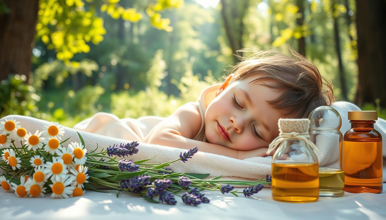 A serene outdoor scene featuring a young child resting peacefully on a soft blanket amid a lush natural landscape. The foreground showcases various natural remedies such as chamomile flowers, lavender sprigs, and soothing herbal tinctures. The middle ground depicts the child's face with a serene, content expression, conveying a sense of comfort and relief. The background features a vibrant, verdant forest setting with dappled sunlight filtering through the canopy, creating a warm, calming atmosphere. The lighting is soft and diffused, heightening the tranquil mood. The image captures the essence of natural pain management for children in a visually appealing and evocative manner.