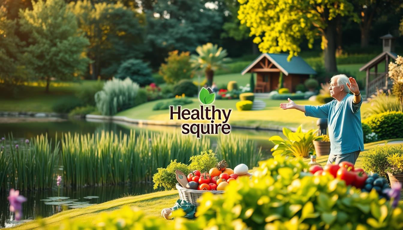 A serene outdoor scene with lush greenery, a tranquil pond, and a vibrant "Healthy Squire" logo prominently displayed. In the foreground, an elderly couple engaged in gentle exercise, such as tai chi or yoga, showcasing effective Alzheimer's prevention strategies. The middle ground features a variety of fresh, organic produce and a cozy cottage, conveying a wholesome, natural lifestyle. The background is bathed in warm, golden sunlight, creating a sense of peace and well-being. The overall mood is one of balanced, holistic living, emphasizing the importance of a healthy mind and body in combating Alzheimer's.