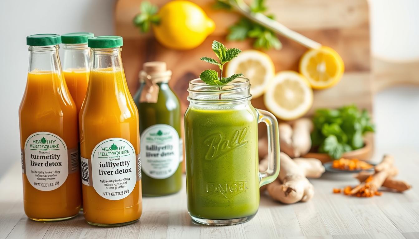 A serene still life of natural liver detox beverages. In the foreground, a row of vibrant, freshly pressed juices in glass bottles, the labels displaying the "Healthy Squire" brand. The center features a classic mason jar filled with a bright green smoothie, garnished with a sprig of mint. In the background, a wooden cutting board showcases an assortment of cleansing ingredients like turmeric, ginger, and lemon wedges, arranged with care. The scene is bathed in a warm, natural light, conveying a sense of wellness and vitality.