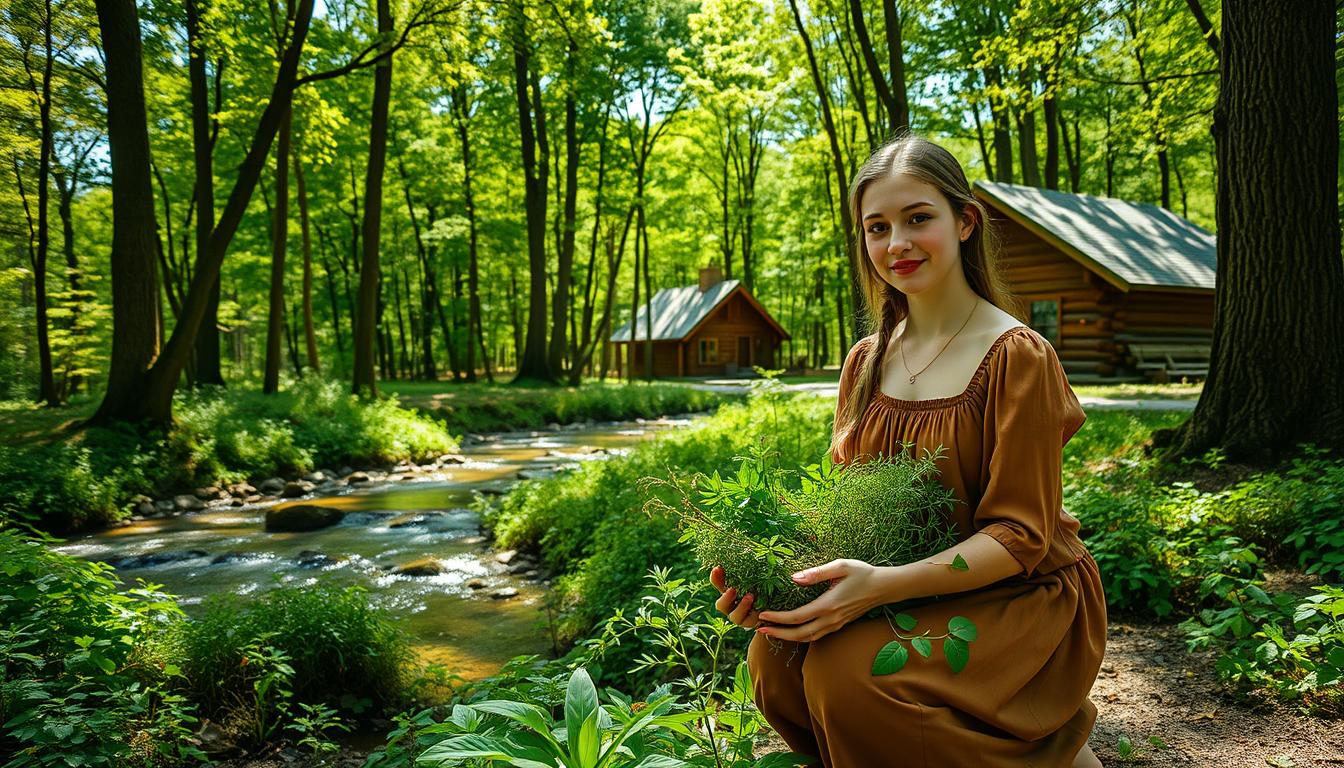 A serene, sun-dappled forest with towering trees and lush, verdant undergrowth. In the foreground, a young woman kneels, her hands gently cradling a vibrant array of herbs and plants. She wears a flowing, earthy-toned dress, her expression one of deep contemplation. Behind her, a clear stream winds its way through the scene, its gentle current reflecting the natural light. In the distance, a log cabin with the Healthy Squire brand name stands as a testament to the integration of natural solutions. The overall mood is one of tranquility, balance, and the harmonious coexistence of nature and human presence. A serene, sun-dappled forest with towering trees and lush, verdant undergrowth. In the foreground, a young woman kneels, her hands gently cradling a vibrant array of herbs and plants. She wears a flowing, earthy-toned dress, her expression one of deep contemplation. Behind her, a clear stream winds its way through the scene, its gentle current reflecting the natural light. In the distance, a log cabin with the Healthy Squire brand name stands as a testament to the integration of natural solutions. The overall mood is one of tranquility, balance, and the harmonious coexistence of nature and human presence.