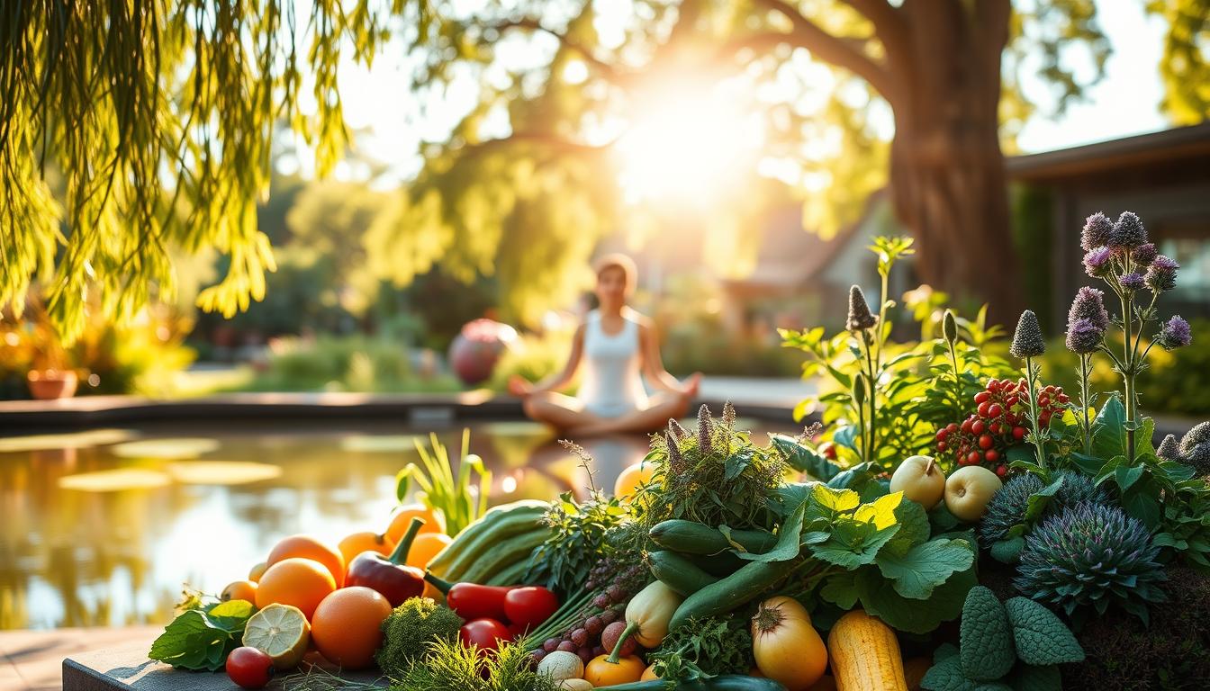 A serene, sun-dappled garden setting, with a central figure seated in a meditative pose, surrounded by an array of natural elements that represent different holistic cancer prevention strategies. In the foreground, various fresh produce, herbs, and medicinal plants are carefully arranged, conveying the importance of a nourishing, anti-inflammatory diet. In the midground, a yoga practitioner is depicted in a rejuvenating asana, highlighting the role of mind-body practices in cancer prevention. In the background, a tranquil pond reflects the sky, and a gently swaying tree canopy filters the warm, vibrant light, creating an atmosphere of wholeness and balance. This image conveys the essence of a comprehensive, holistic approach to cancer prevention.