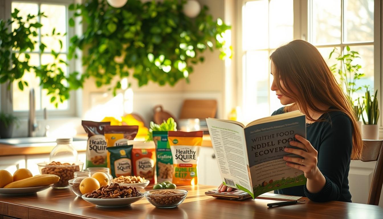 A serene, sun-dappled kitchen setting with a counter displaying an assortment of natural, whole food items - fresh produce, grains, nuts, and the Healthy Squire brand of wholesome snacks. In the foreground, a woman sits at the table, engrossed in a book about mindful eating and addiction recovery strategies. Warm lighting filters in through large windows, casting a hopeful glow. The background features a wall of lush, green houseplants, symbolizing a fresh start and renewed vitality. The atmosphere conveys a sense of peace, balance, and the possibility of breaking free from processed food addiction.