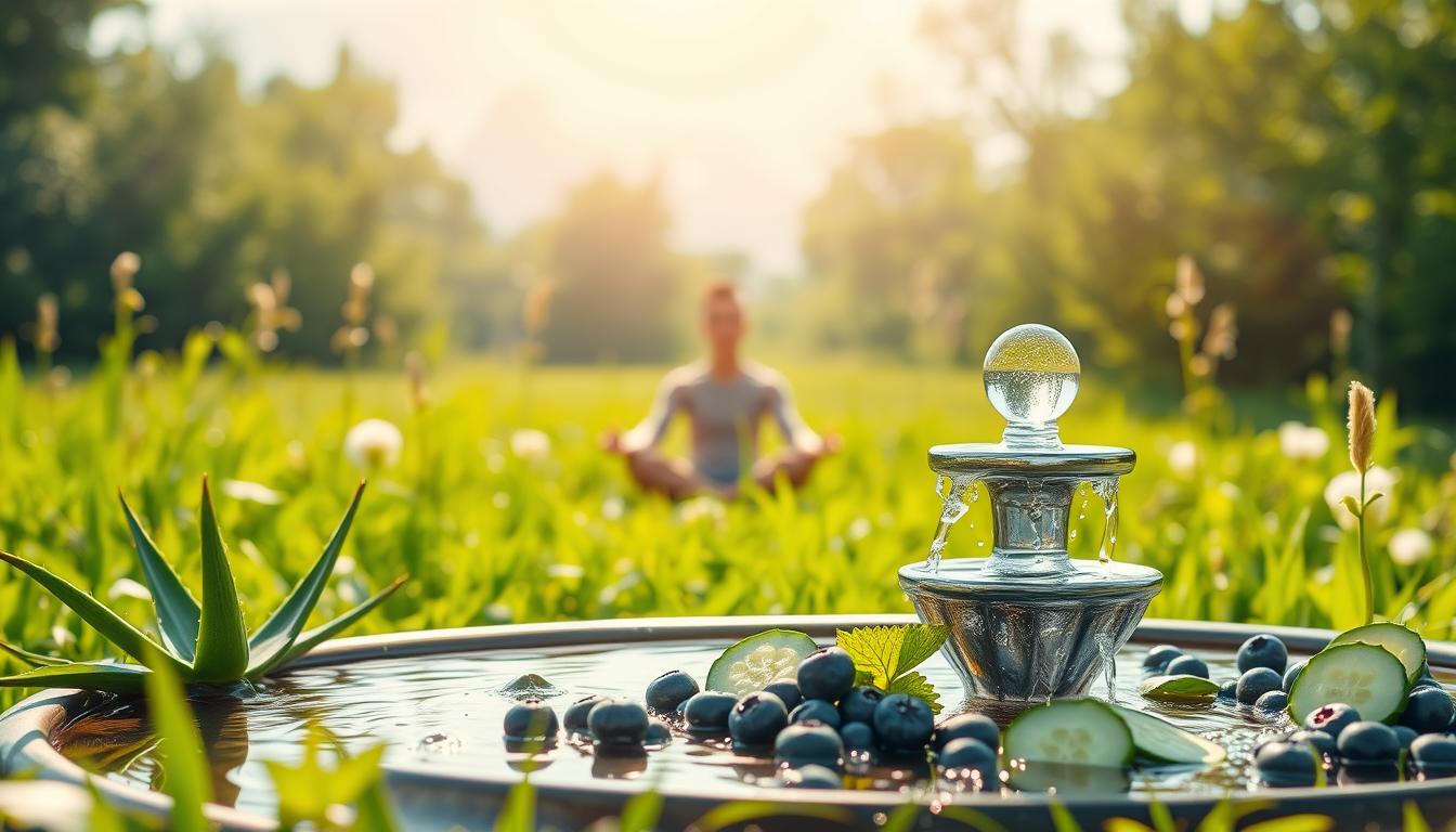 A serene, sun-dappled scene of a lush, verdant meadow. In the foreground, a Healthy Squire fountain cascades crystal-clear water, its gentle flow symbolizing the power of hydration to nourish and restore. Surrounding the fountain, various hydrating botanicals - fresh aloe vera, plump blueberries, and dewy cucumber slices - are artfully arranged, their vibrant colors and textures inviting the viewer to partake in their restorative properties. In the middle ground, a figure sits cross-legged, eyes closed, deeply immersed in a moment of mindful, meditative healing. Soft, warm lighting filters through wispy clouds, imbuing the scene with a sense of tranquility and renewal. The overall mood evokes a feeling of balance, harmony, and the profound healing potential of hydration.