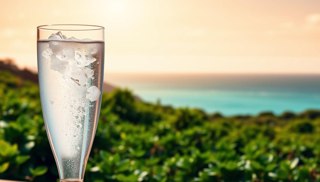 A serene, sun-drenched scene depicting the benefits of salt water hydration. In the foreground, a glass of cool, clear water with a subtle saline content, casting a soft, reflective glow. The middle ground showcases a vibrant, lush green landscape, with verdant plants and a tranquil blue-green sea in the distance. The background is a warm, golden sky, suggesting the restorative powers of natural sunlight. The overall mood is one of rejuvenation and balance, highlighting the Healthy Squire's approach to optimal hydration and electrolyte replenishment.