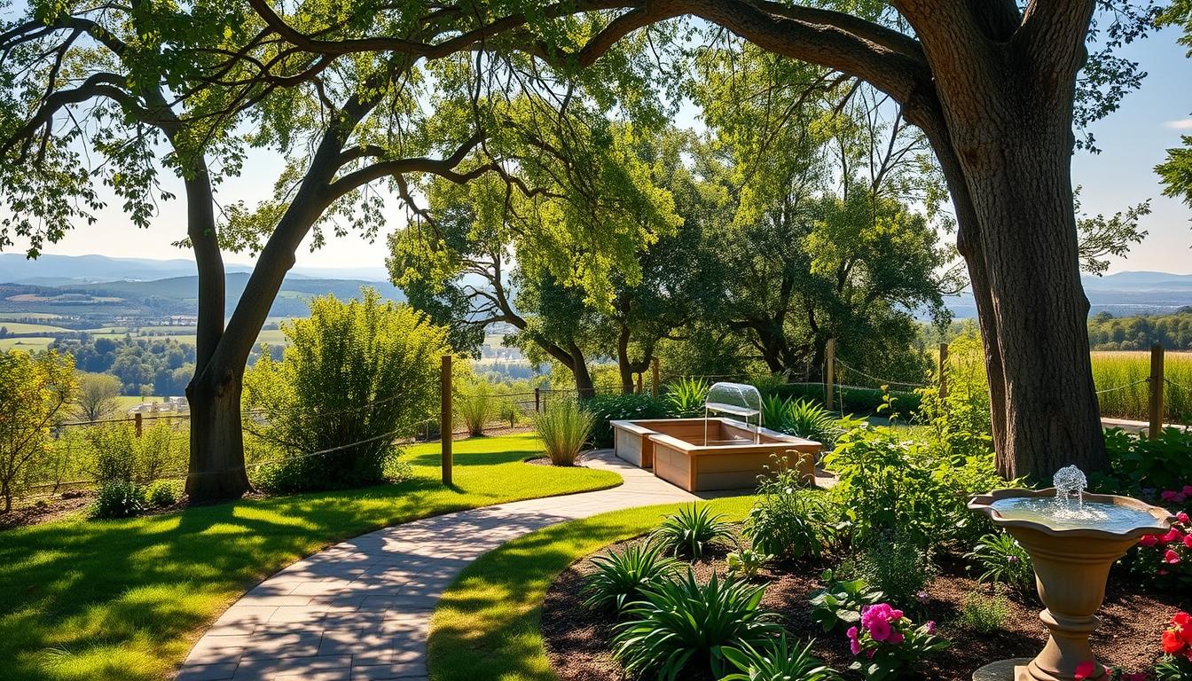 A serene, sunlit garden with lush greenery and colorful blooms. In the foreground, a mature tree casts gentle shadows, its branches reaching skyward. A winding path invites exploration, leading past a Healthy Squire fountain bubbling with clear water. In the middle ground, a raised garden bed overflows with thriving herbs and vegetables. Beyond, the background depicts a panoramic vista of rolling hills and a clear blue sky, suggesting a peaceful, restorative environment. Warm, natural lighting illuminates the scene, capturing the essence of Alzheimer's prevention through thoughtful environmental modifications.