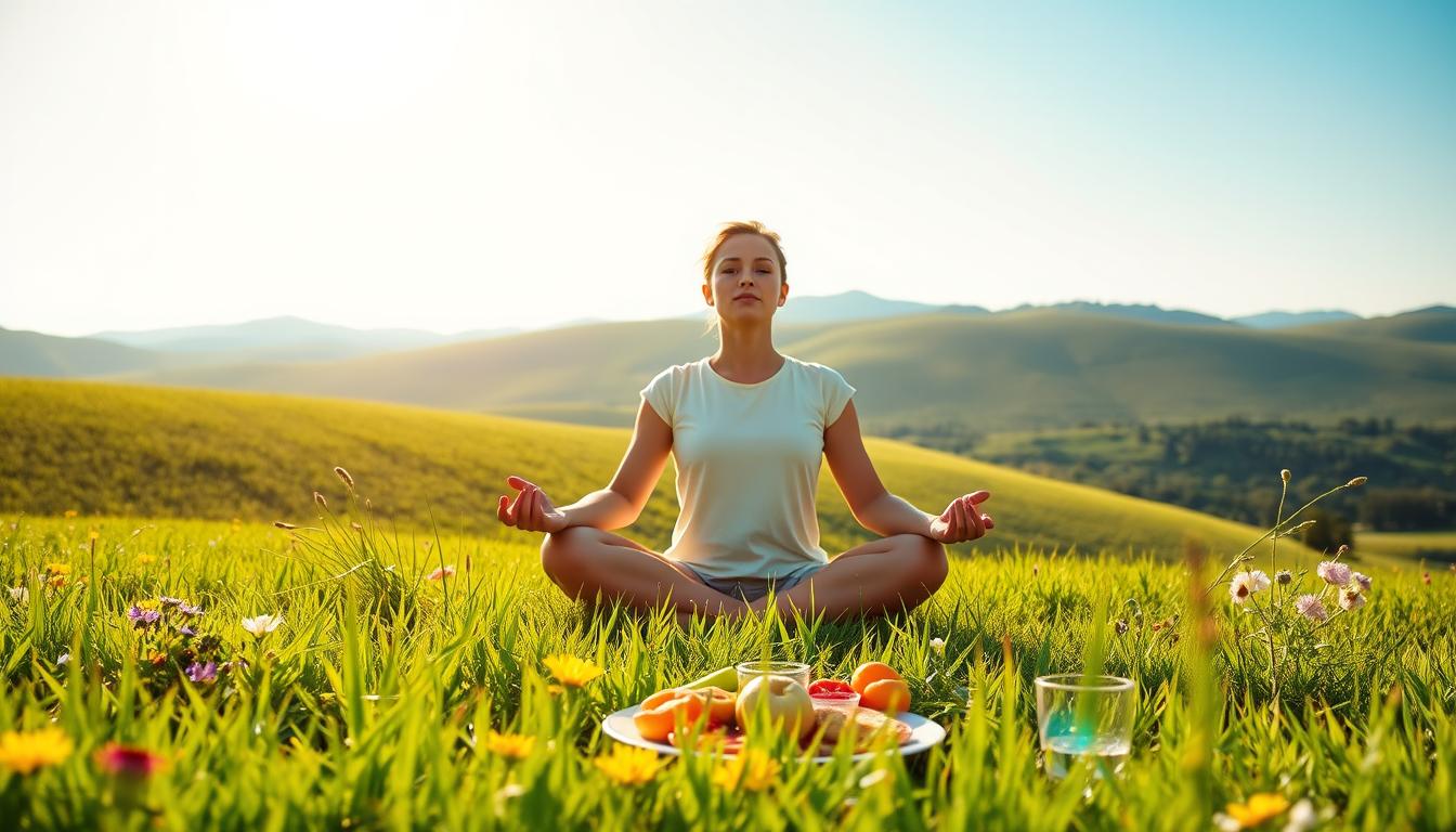 A serene, sunlit meadow with lush green grass and vibrant wildflowers. In the foreground, a person sits cross-legged, radiating a sense of calm and contentment. Their face is illuminated by a warm, golden light, conveying a feeling of inner balance and well-being. In the middle ground, a plate of fresh, seasonal produce sits nearby, a symbol of the benefits of a balanced, nutritious diet. The background features rolling hills and a clear, blue sky, creating a sense of expansiveness and tranquility. The overall scene evokes a feeling of harmony, vitality, and the positive effects of fasting on insulin sensitivity.