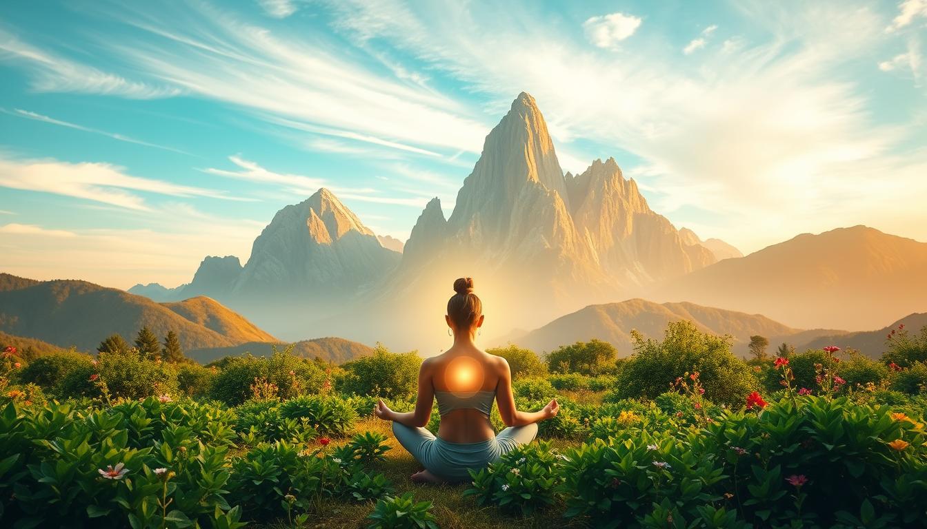 A serene, vibrant landscape where the power of the mind takes center stage. In the foreground, a person sits in a meditative pose, their aura radiating with an ethereal glow. Towering mountains rise in the distance, their peaks bathed in a warm, golden light. Lush, verdant foliage fills the middle ground, suggesting the abundant life and vitality emanating from the mind-body connection. The sky is a breathtaking blend of soft blues and wispy clouds, creating a sense of tranquility and harmony. Delicate, colorful flowers dot the scene, symbolizing the blossoming of inner healing and balance. This image captures the transformative potential of the mind, inviting the viewer to explore the profound ways in which mental practices can unlock the body's innate power to heal and rejuvenate.