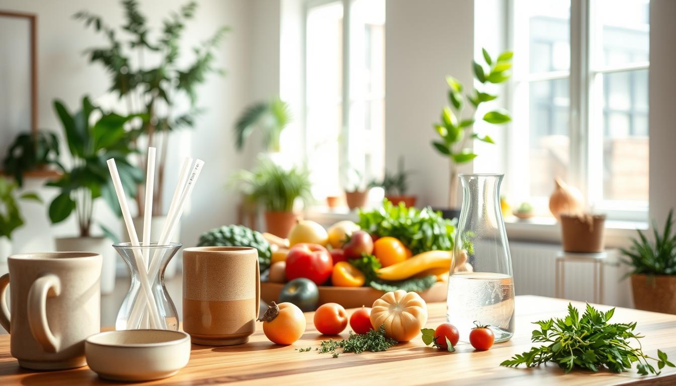 A serene, well-lit room with natural sunlight filtering through large windows. In the foreground, an assortment of holistic detoxification tools - earthenware mugs, reusable straws, and a glass water carafe. In the middle ground, a wooden table holds an array of fresh fruits, vegetables, and herbs, symbolizing a nourishing, plant-based approach to cleansing. The background features potted plants and a minimalist, neutral-toned decor, creating a calming, vibrant atmosphere conducive to mindful self-care.