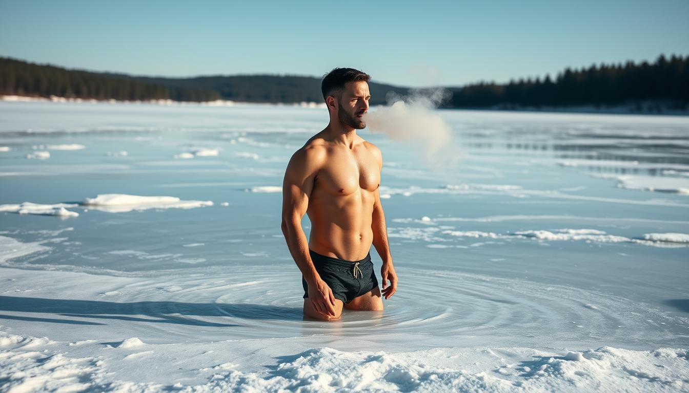 A snow-covered landscape with a lone individual standing waist-deep in a frozen lake, their breath visible in the crisp, vibrant air. The person is wearing minimal clothing, exposing their body to the elements as they engage in cold exposure vascular training. Dramatic lighting from the side casts long shadows, accentuating the muscular physique and determination on the person's face. The scene has a sense of tranquility and focus, conveying the mental and physical benefits of this specialized training technique for stress management.
