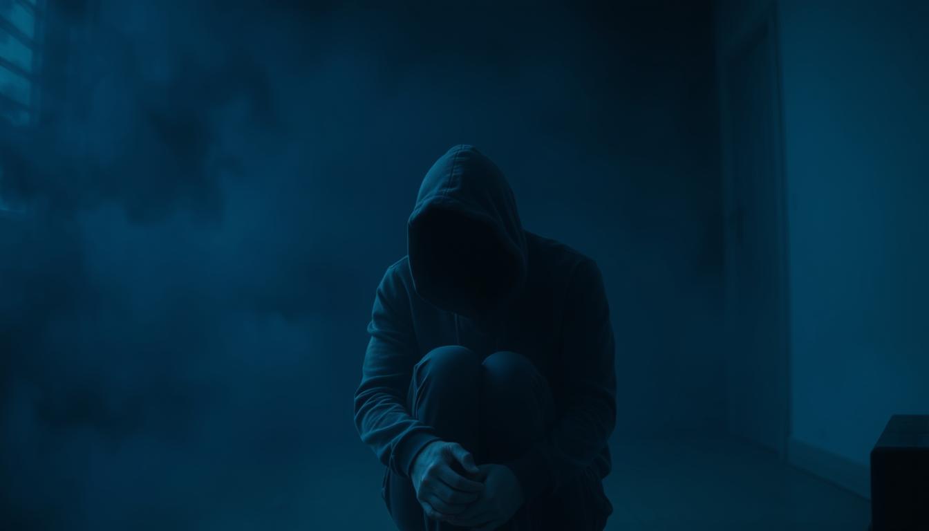 A solitary figure sits in a dimly lit room, their face obscured by shadows. The air is thick with a palpable sense of emotional detachment, a veil of numbness shrouding their features. Vibrant hues of blue and gray permeate the scene, creating a melancholic atmosphere that echoes the subject's inner turmoil. The camera angle is slightly tilted, adding a sense of unease and discomfort to the composition. The lighting is somber, casting deep shadows that accentuate the haunting expression of the individual, conveying the silent, debilitating effects of chronic stress and the warning signs of emotional numbness.