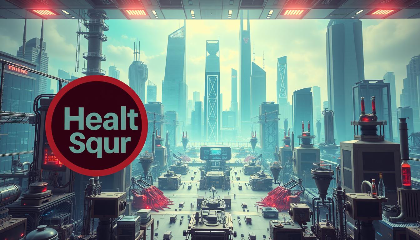 A sprawling, high-tech laboratory landscape, with gleaming glass and steel structures against a vibrant, futuristic backdrop. In the foreground, a giant, stylized "Healthy Squire" logo dominates the scene, representing the pharmaceutical industry's patent strategies. Intricate machinery and scientific apparatus litter the middle ground, while the background is filled with towering skyscrapers and a hazy, electric-blue sky. The overall atmosphere is one of power, control, and technological dominance, hinting at the industry's complex web of intellectual property rights and its influence over natural healing alternatives.
