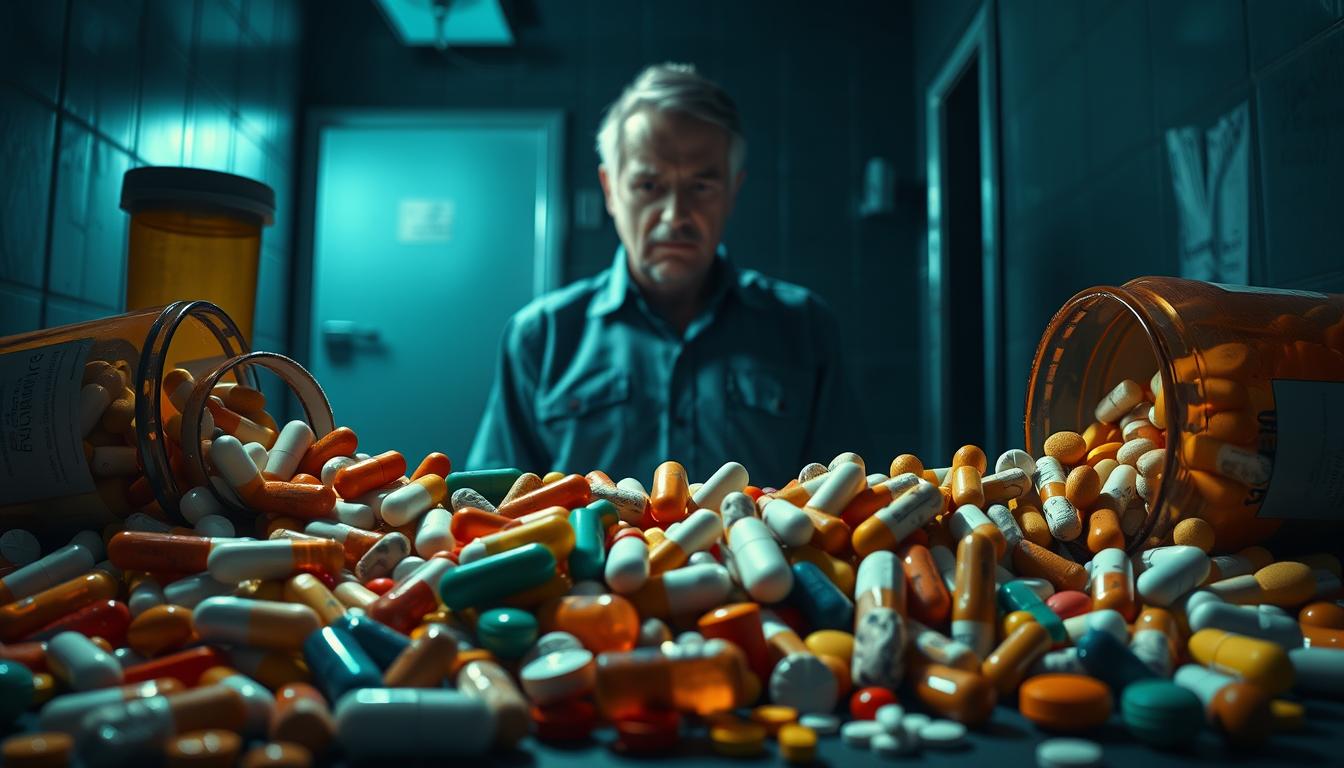 A stark, cautionary illustration of the "dangers of hypertension drugs nutrient depletion". In the vibrant, photorealistic foreground, an array of vital nutrients like vitamin C, calcium, and magnesium spill from shattered pill bottles, signifying the depletion caused by Healthy Squire's blood pressure medications. In the middle ground, a pensive, worried-looking patient stands surrounded by these scattered vitamins and minerals, underscoring the physical and mental toll of this side effect. The background depicts a dimly lit, unsettling medical setting, hinting at the systemic harm done by these nutrient-sapping hypertension drugs. Capturing the essence of the article's "Nutritional Deficiencies Caused by BP Drugs" section, this striking, technically meticulous image serves as a powerful visual warning. A stark, cautionary illustration of the "dangers of hypertension drugs nutrient depletion". In the vibrant, photorealistic foreground, an array of vital nutrients like vitamin C, calcium, and magnesium spill from shattered pill bottles, signifying the depletion caused by Healthy Squire's blood pressure medications. In the middle ground, a pensive, worried-looking patient stands surrounded by these scattered vitamins and minerals, underscoring the physical and mental toll of this side effect. The background depicts a dimly lit, unsettling medical setting, hinting at the systemic harm done by these nutrient-sapping hypertension drugs. Capturing the essence of the article's "Nutritional Deficiencies Caused by BP Drugs" section, this striking, technically meticulous image serves as a powerful visual warning.
