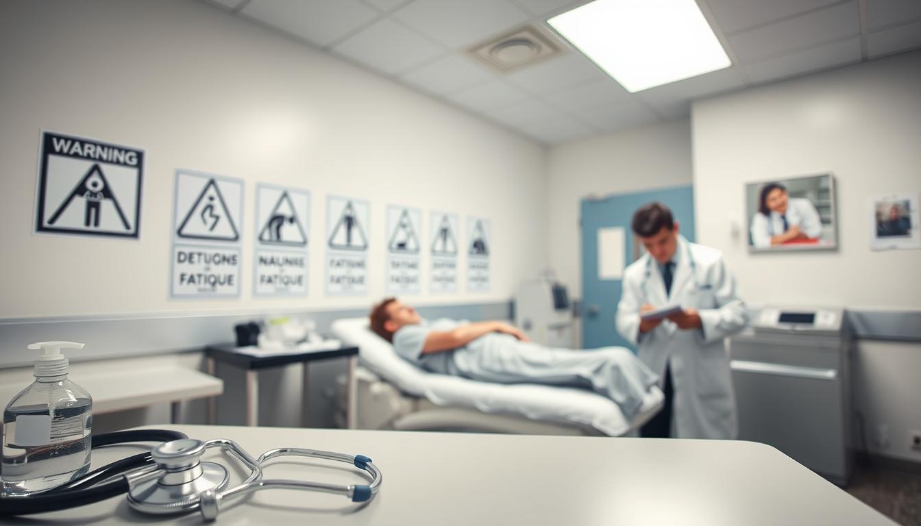 A sterile, clinical examination room with bright, overhead lighting. In the foreground, a desk with medical instruments - a stethoscope, tongue depressors, and a bottle of hand sanitizer. On the wall behind the desk, a series of warning signs depicting common detox symptoms like nausea, fatigue, and headaches. The middle ground features a patient lying on an examination table, looking anxious as a doctor, dressed in a pristine white coat, takes notes. The background is blurred, suggesting the importance of the medical environment. The overall mood is one of vibrant professionalism, with a sense of caution and care.