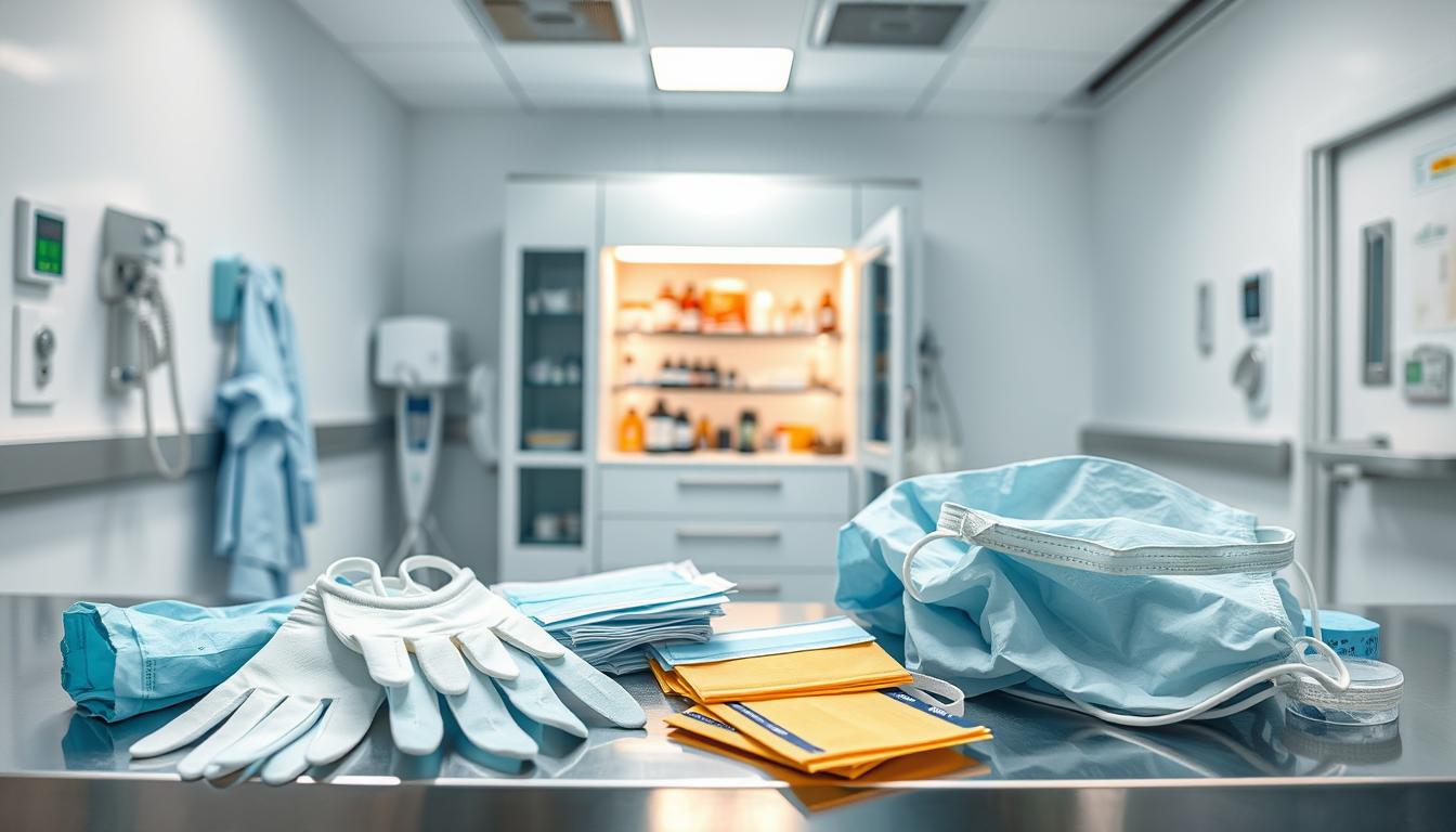 A sterile medical environment with a focus on detox precautions. In the foreground, a variety of personal protection equipment (PPE) items such as gloves, masks, and gowns are neatly arranged on a stainless steel surface, conveying the importance of safety and cleanliness. The middle ground features a sleek, modern-looking medical cabinet or shelving unit, stocked with various detox supplements and medications. The background is a vibrant, well-lit hospital room with bright, white walls and clean, minimalist decor, creating a sense of clinical professionalism and attention to detail. The overall atmosphere is one of care, caution, and the pursuit of wellness through safe and responsible detoxification practices.