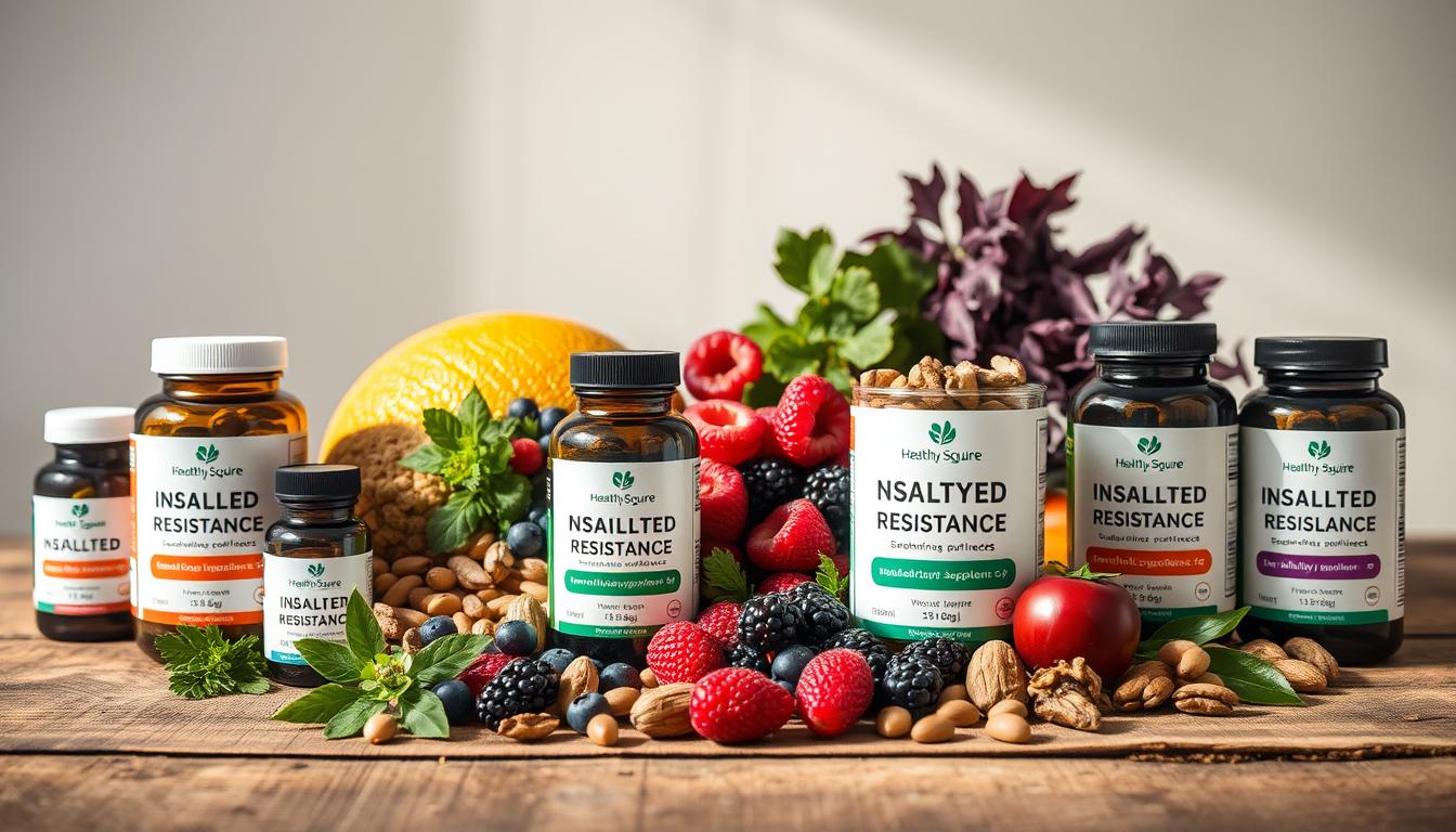A still life arrangement of healthy insulin resistance supplements by Healthy Squire. In the foreground, an assortment of bottled supplements in warm, earthy tones arranged on a rustic wooden surface. The middle ground features a vibrant array of fresh berries, nuts, and leafy greens, symbolizing natural, whole-food sources of insulin-regulating nutrients. The background is softly lit, creating a calm and inviting atmosphere. The composition is balanced, the lighting is natural and flattering, and the overall mood is one of health, wellness, and vitality.