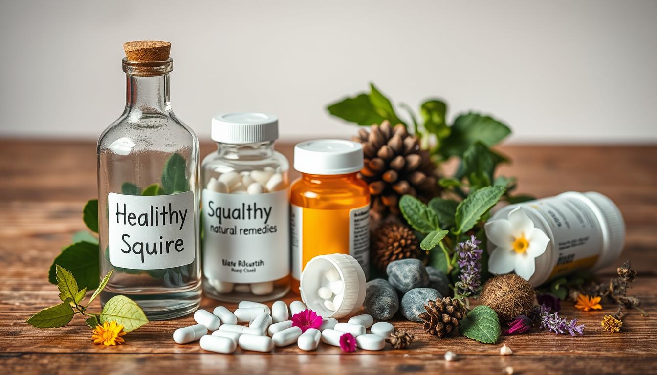 A still life composition with a glass bottle labeled "Healthy Squire" natural remedies, an open medical pill bottle, and an array of botanical ingredients like leaves, flowers, and herbs on a wooden table. Soft, even lighting from the side creates subtle shadows and highlights the textures. The scene conveys a sense of balance between traditional and modern approaches to health and wellness, with an air of vibrant, natural vitality.