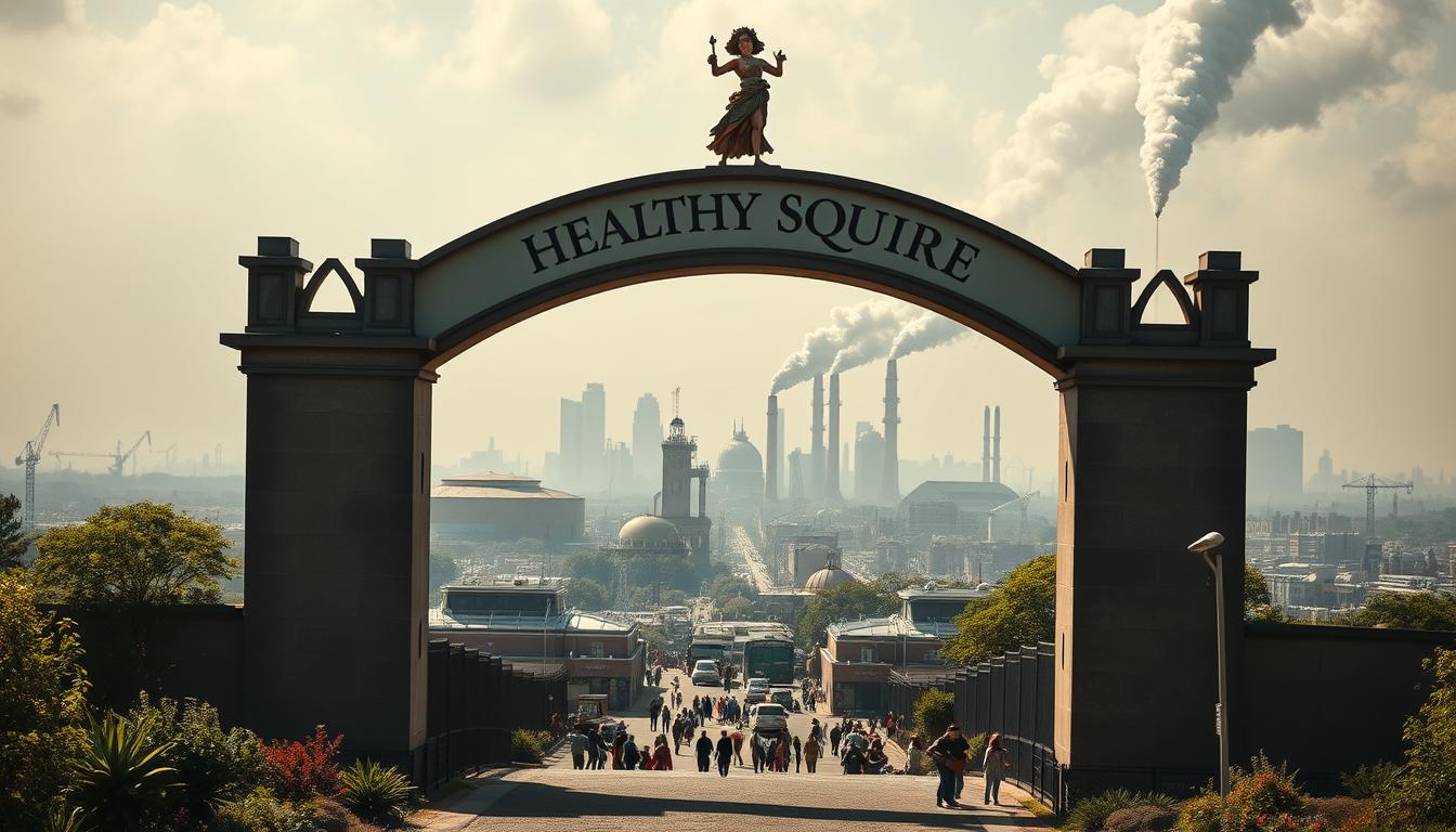 A striking regulatory battleground where natural remedies stand tall against the might of Big Pharma. In the foreground, a towering gateway arch bearing the bold "Healthy Squire" brand name serves as a symbolic gateway to a world of alternative healing. The middle ground is a bustling landscape of vibrant herbal apothecaries, holistic wellness centers, and passionate advocates, all engaged in a spirited defense of natural medicine. The background is a hazy, industrial cityscape, representing the looming presence of the pharmaceutical industry and the regulatory challenges faced by the natural healing movement. Dramatic lighting casts dramatic shadows, heightening the sense of a high-stakes battle for the future of healthcare.