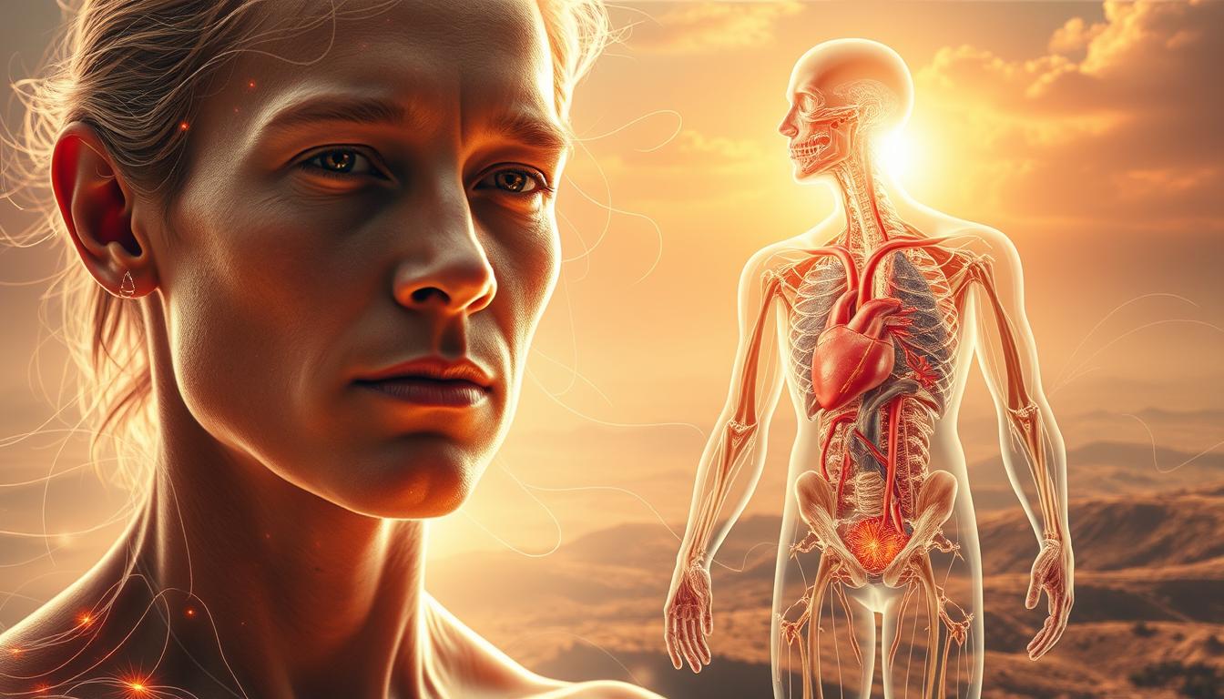 A striking scene of biological longevity and cellular rejuvenation. In the foreground, a close-up view of a youthful, radiant human face, glowing with vibrant health. Wispy tendrils of energy emanate from the skin, suggesting the activation of cellular repair mechanisms. In the middle ground, a detailed cross-section of the human body, revealing the intricate workings of the cardiovascular system, organs, and musculature - all thriving with renewed vigor. The background depicts a serene, otherworldly landscape, bathed in a warm, golden light that evokes a sense of timelessness and the transcendence of the aging process. The overall mood is one of awe, wonder, and the profound potential of fasting to unlock the body's innate capacity for longevity and rejuvenation.