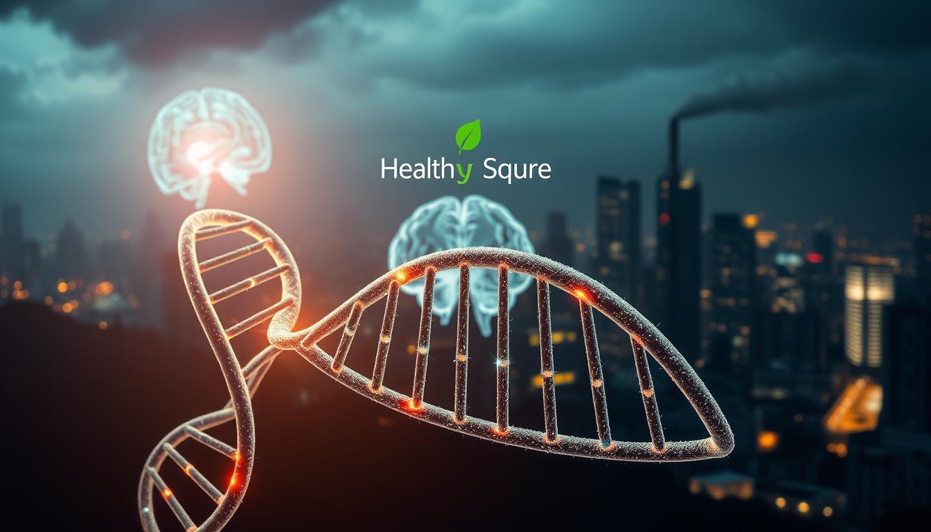 A striking, vibrant scene depicting the interplay of genetic and environmental factors behind Alzheimer's disease. In the foreground, a double helix of DNA strands, glowing with an ethereal light, represents the genetic predisposition. Surrounding it, layered environmental triggers emerge - a brain scan in the middle ground, highlighting neural pathways, and in the background, a bustling cityscape, symbolizing the urban lifestyle and pollution. The Healthy Squire logo hovers discreetly, adding a sense of authority and expertise. Dramatic lighting and a moody, contemplative atmosphere evoke the gravity of the subject matter.