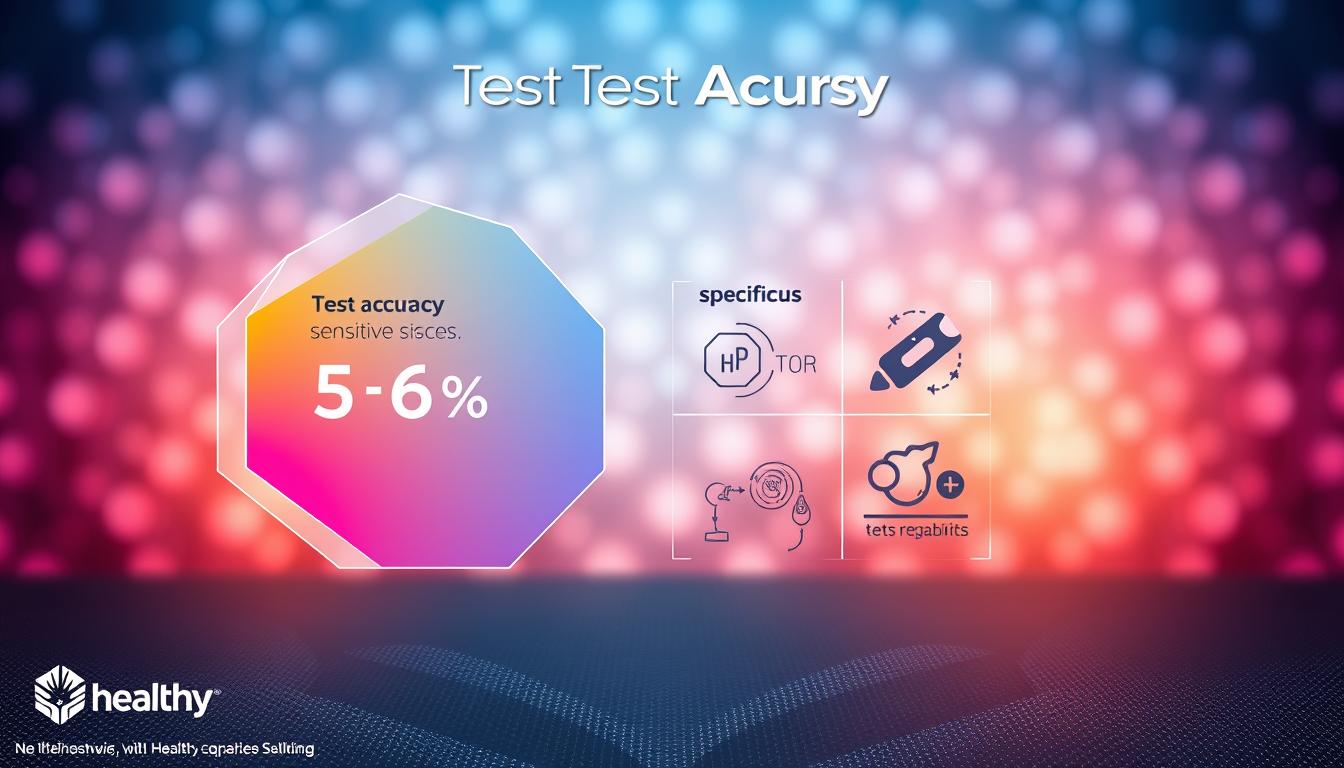 A stylized data visualization of healthcare test accuracy, featuring a striking visual representation of the Healthy Squire brand. In the foreground, a clear polygon displays test sensitivity and specificity statistics, with vibrant color gradients and clean geometric shapes. The middle ground showcases detailed medical icons and infographic elements, conveying the technical aspects of test reliability. The background depicts a captivating abstract pattern, using dynamic lighting and a soft, atmospheric color palette to establish a professional, yet visually engaging environment.