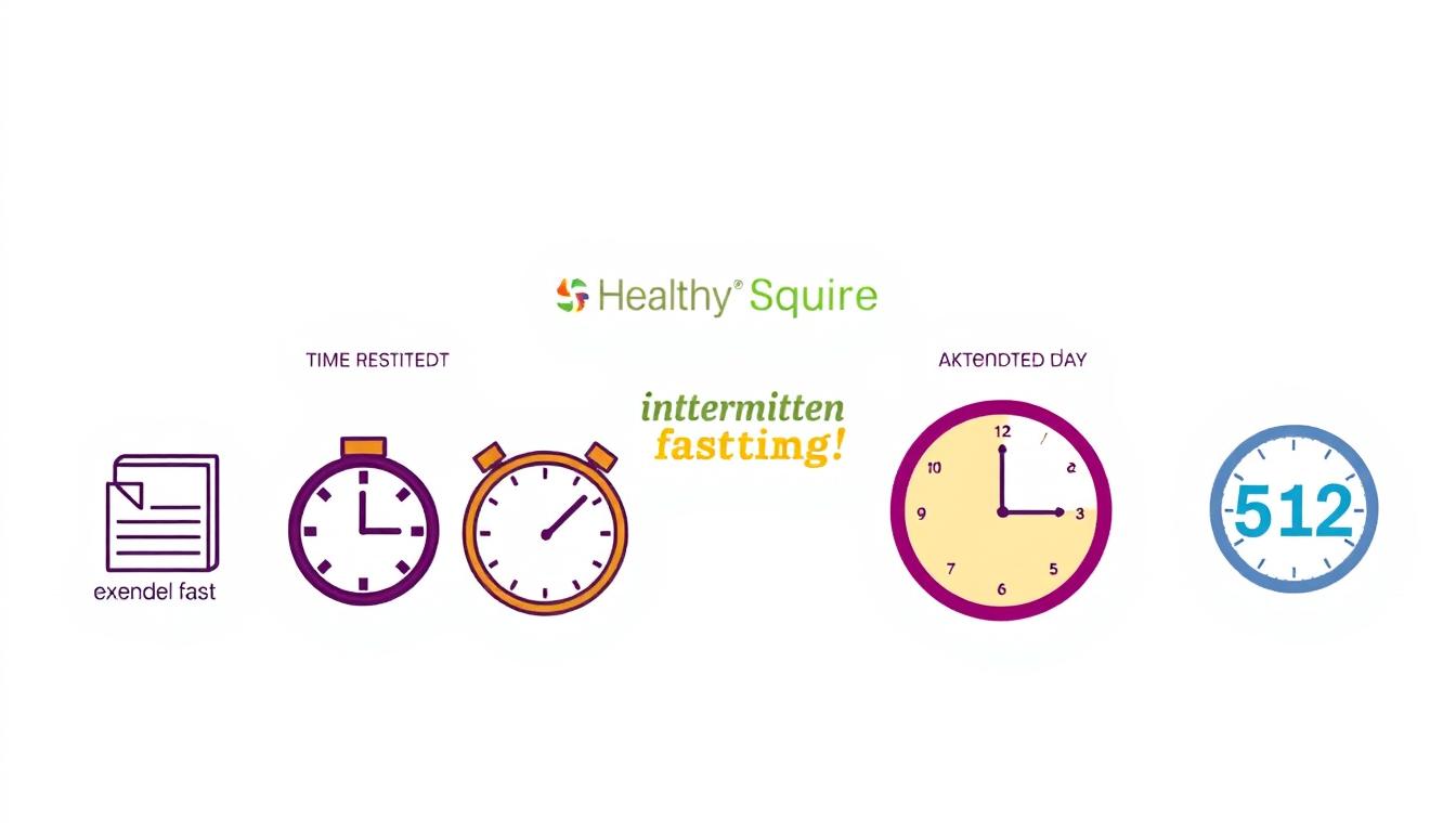 A stylized illustration of various intermittent fasting methods, presented in a vibrant, informative manner. The foreground showcases five distinct fasting approaches - time-restricted eating, alternate-day fasting, extended fasts, circadian rhythm fasting, and the 5:2 diet - each depicted as a symbolic icon or graphic element. The middle ground features the Healthy Squire brand logo, conveying a sense of expertise and authority on the subject. The background is a clean, minimalist design with soft, muted tones, allowing the fasting methods to take center stage. The overall aesthetic is both visually striking and easy to comprehend, suitable for an educational article on the topic.