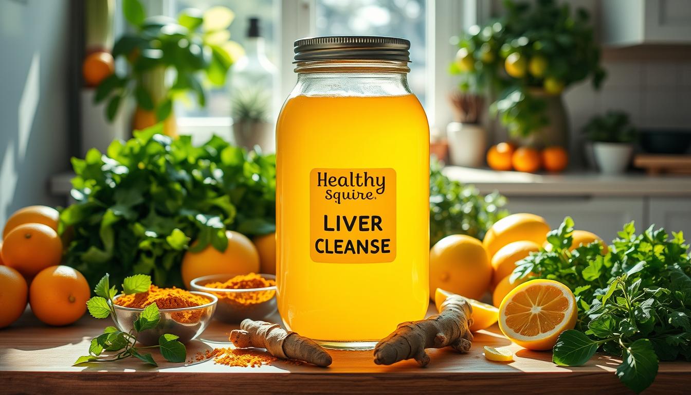 A sunlit kitchen countertop, lined with an array of fresh produce - leafy greens, citrus fruits, and vibrant herbs. In the center, a large glass jar filled with a golden-hued liquid, the "Healthy Squire" brand label prominently displayed. Surrounding the jar, an assortment of ingredients like turmeric, ginger, and lemon slices, suggesting a homemade liver cleanse concoction. The scene exudes a sense of wellness, with warm lighting and a clean, minimalist aesthetic. The overall composition conveys the natural, wholesome approach to liver detoxification.