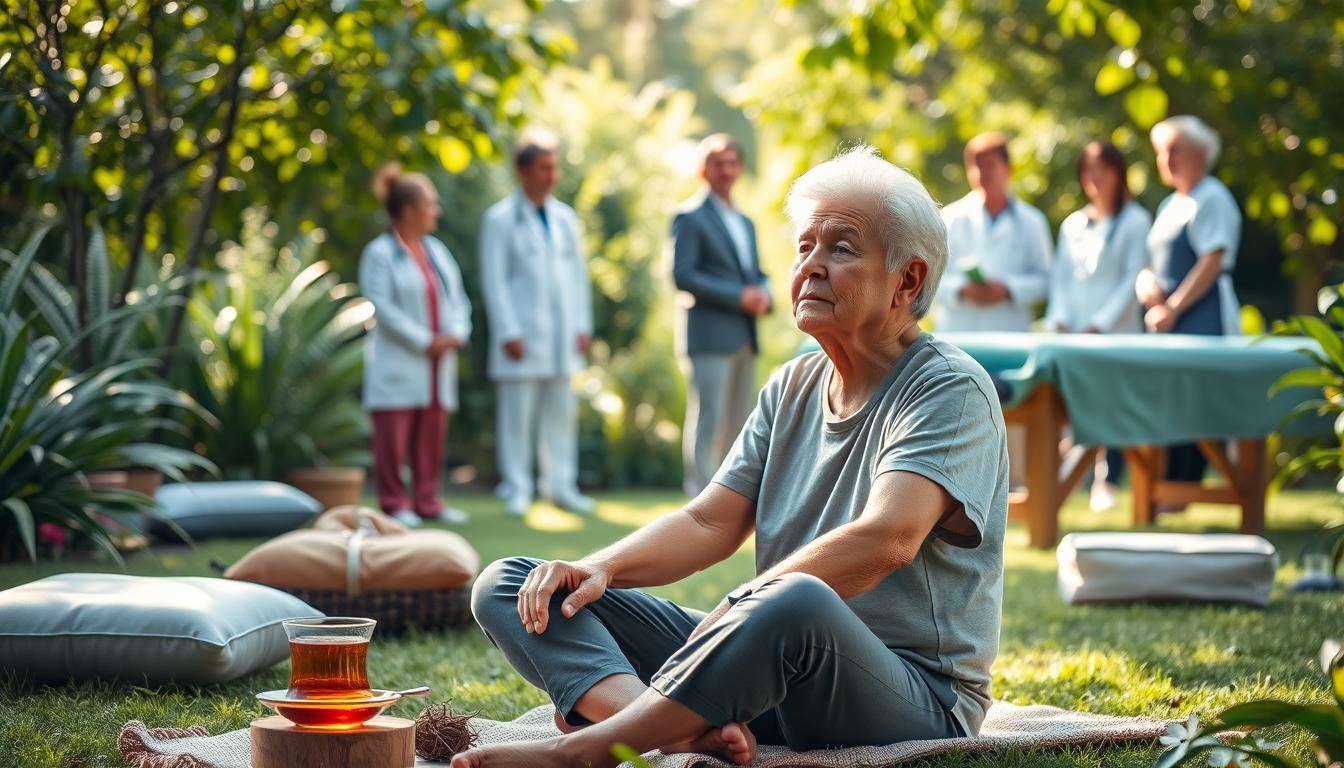 A thoughtful, empathetic cancer patient sits in a serene garden, surrounded by elements of holistic care - a freshly brewed herbal tea, soothing meditation cushions, and a therapeutic massage table. Soft natural light filters through lush greenery, conveying a sense of calm and wellbeing. In the background, a team of diverse healthcare providers - doctors, nurses, nutritionists, and therapists - collaborate to create a vibrant, integrative treatment plan, reflecting the growing patient demand for a more holistic approach to cancer care.